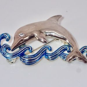 Silver Dolphins Riding Blue Wave Rhinestone Eye Ocean Silver Vintage Pin Brooch